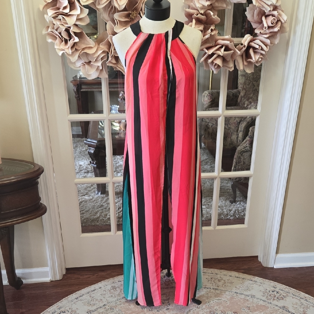 New York & Co Colorful Stripe Maxi Halter Dress Coverup Slits Pockets S/M NEW